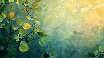 A serene abstract design featuring soft green and yellow hues, with delicate leaves scattered across a textured background, evoking a tranquil, natural atmosphere.