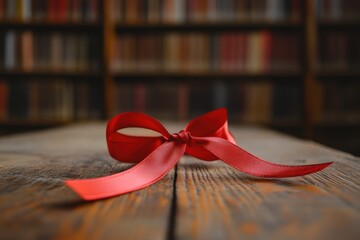 A beautiful red ribbon tied into a decorative bow rests on wood