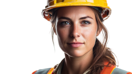 Female construction worker with helmet isolated on transparent background.