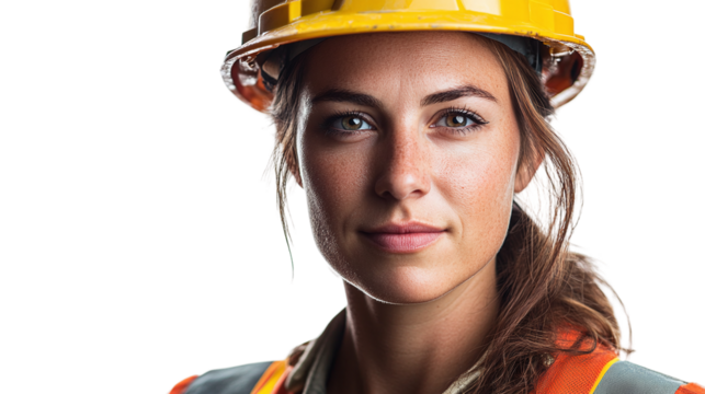Female construction worker with helmet isolated on transparent background.