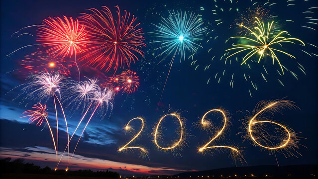 happy new year, new year's eve, silvester, new year, celebration greeting card, new year card - Year 2026 in sparkler font fireworks pyrotechnic, isolated on black night sky background.generative ai
