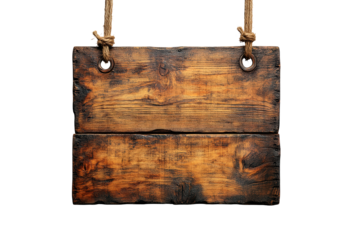 Rustic wooden signboard with rope hanging isolated on transparent background