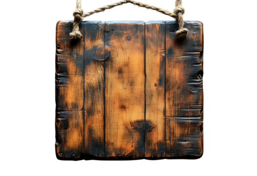 Brown wooden sign for hanging isolated on transparent background