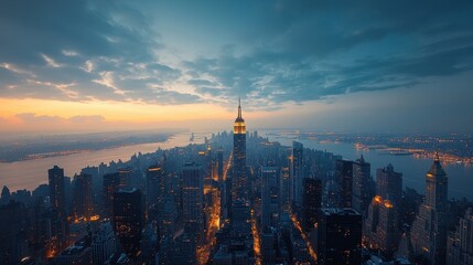 Naklejka premium Scenic Aerial View of a City Skyline During Sunset with Lights