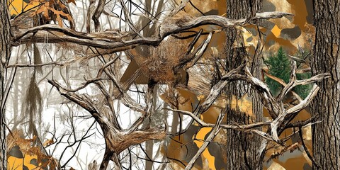 Intricate Fusion of Natural Textures Featuring Twisted Branches, Bark Patterns, and Earthy Tones Evoking an Enigmatic Forest Landscape