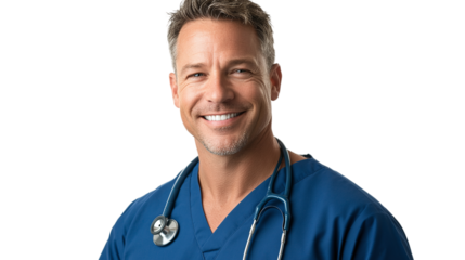 Portrait of a smiling, handsome male nurse with stethoscope in blue uniform, isolated on transparent background.