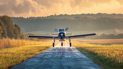 Airplane Taking Off with Sunset Background Over Green Landscape