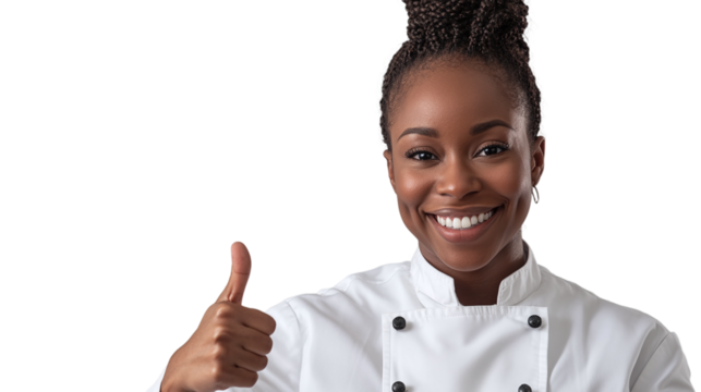Portrait of a smiling african american female chef showing thumbs up, isolated on transparent background.