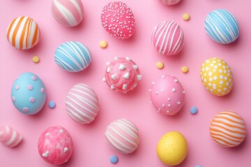Obraz premium Easter eggs and candy on pink background for pastel holiday design concept