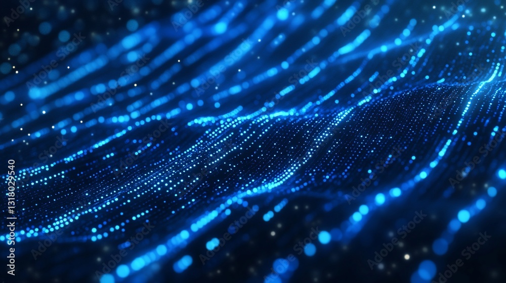 Poster abstract blue digital waveform: glowing particle field simulation