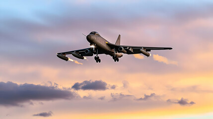 A Grey Military Jet Airplane Landing Against A Colorful Sunset Sky With Clouds