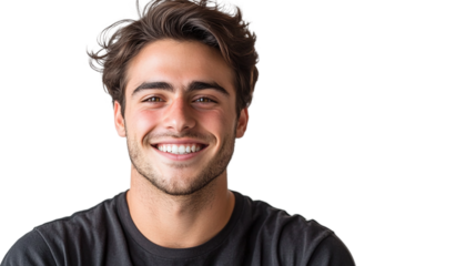Young man smiling with happy expression, isolated on transparent background.
