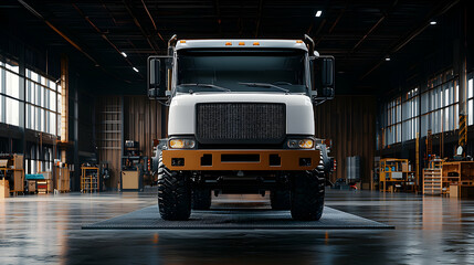 A large industrial truck sits inside a spacious workshop building