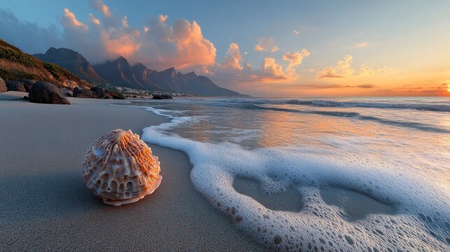 Seashell on sandy beach at sunrise, coastal mountains