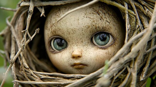 Eerie doll nestled in a nest of twigs and branches surrounded by greenery