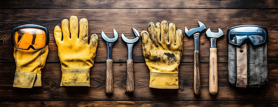 Worker's tools on wood. Safety gear
