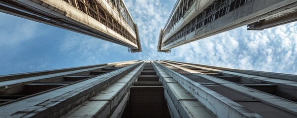 Impressive perspective looking up at tall buildings against a blue sky