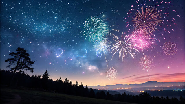 happy new year, new year's eve, silvester, new year, celebration greeting card, new year card - Year 2026 in sparkler font fireworks pyrotechnic, isolated on black night sky background.generative ai
