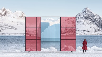 Woman in Red Coat Contemplates Arctic Reflection Art Installation