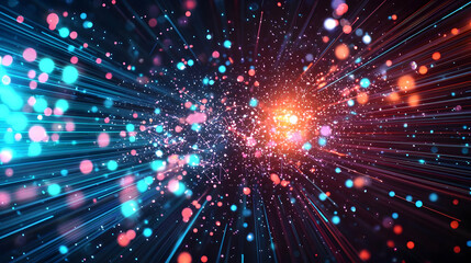 Naklejka premium Abstract Digital Light Explosion With Blue And Orange Particles Bursting From Center In Black Background