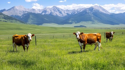 Cows in a Scenic Pasture Against Majestic Mountain Landscape