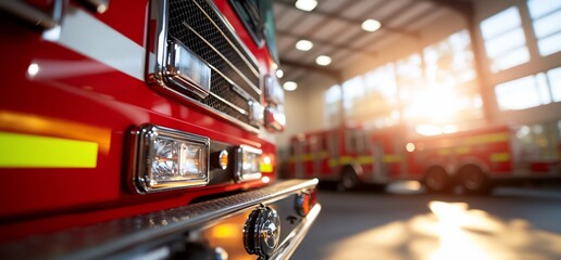 Fire truck in firehouse, emergency vehicles blurred in sunlight, for safety promotion
