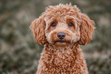 Fototapeta premium Adorable curly-haired brown dog with deep expressive eyes, sitting outdoors with a soft blurred background, cute and fluffy pet portrait
