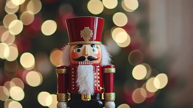 Red and gold nutcracker ornament stands before a beautifully lit Christmas tree during the festive season