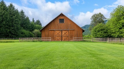 Obraz premium Rustic Red Barn Surrounded by Lush Green Grass and Forested Hills
