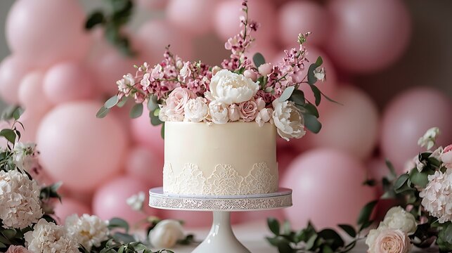 A minimalist birthday party with a cake featuring delicate edible lace and a muted pastel palette