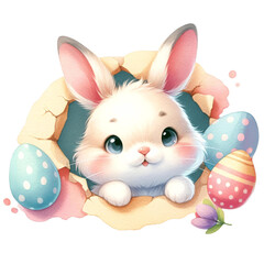 Easter bunny concept. A cute bunny peeks through a cracked egg shell surrounded by colorful Easter eggs and a flower.