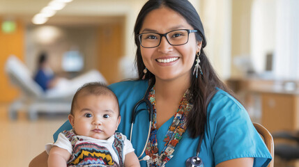 Native American Indian nurse holding a baby in the hospital