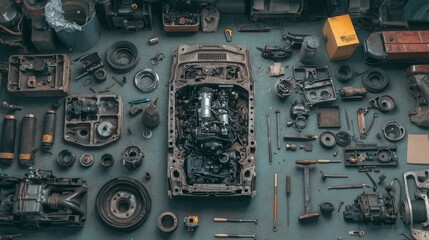 Fototapeta premium Overhead View of Cluttered Workspace with Tools and Engine Parts