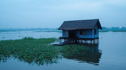 Obraz premium Misty lake house at dawn