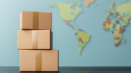 E-Commerce Growth concept. A stack of cardboard boxes is positioned in front of a colorful world map, symbolizing shipping and global trade.
