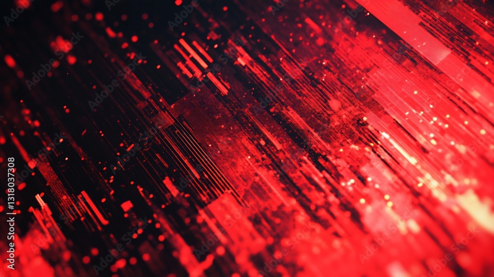 Poster abstract red digital art: glowing lines and data streams in a cyberpunk style