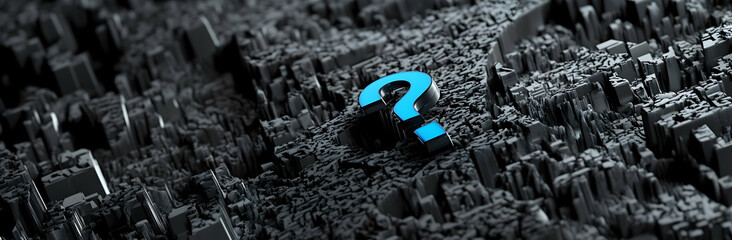 Obraz premium Abstract Digital Representation of a Question Mark in a Complex 3D Dark Environment Symbolizing Mystery and Inquiry