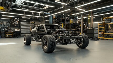 New Bare Chassis on Dollies in Modern Garage Environment