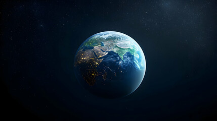 Fototapeta premium Pixel Art Earth At Night From Space With Glowing Cities And Stars In Dark Blue Universe Background