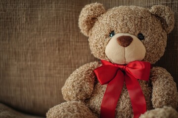 A soft brown teddy bear with a bright red ribbon on its neck