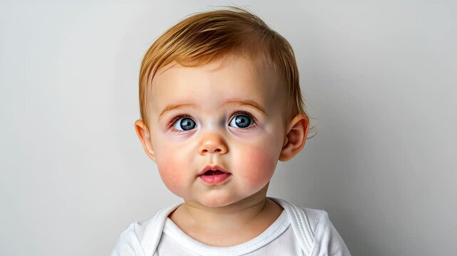 Close-Up Portrait of Infant Wearing Cochlear Implant in White Shirt Against Plain Background
