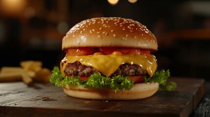 Delicious cheeseburger with lettuce tomato and fries on wooden table