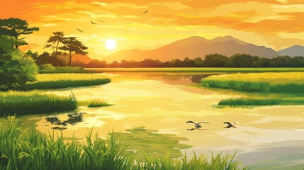 Naklejka premium Golden Sunset Over River Valley