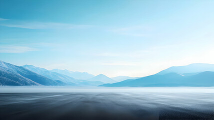 Misty Blue Mountain Valley Landscape With Empty Road At Sunrise In Winter