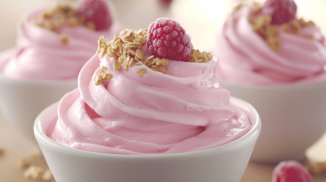 Pink frozen yogurt with raspberries and granola