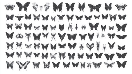 Diverse grayscale butterflies insects collection, white background, nature study