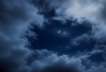Obraz premium Tranquil crescent moon peeking through dark, moody clouds in the night sky. Peaceful and serene nighttime scene with a subtle lunar glimmer. dream, sleep background