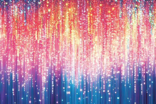 A cascading waterfall of holographic binary numbers with an expanding ripple effect leaving room for company name 