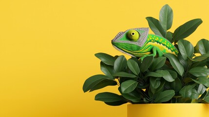 Vibrant Chameleon on Yellow Background with Lush Green Plants