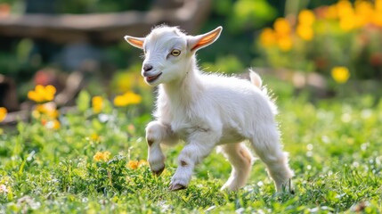 Obraz premium Playful White Kid Goat in Sunny Meadow